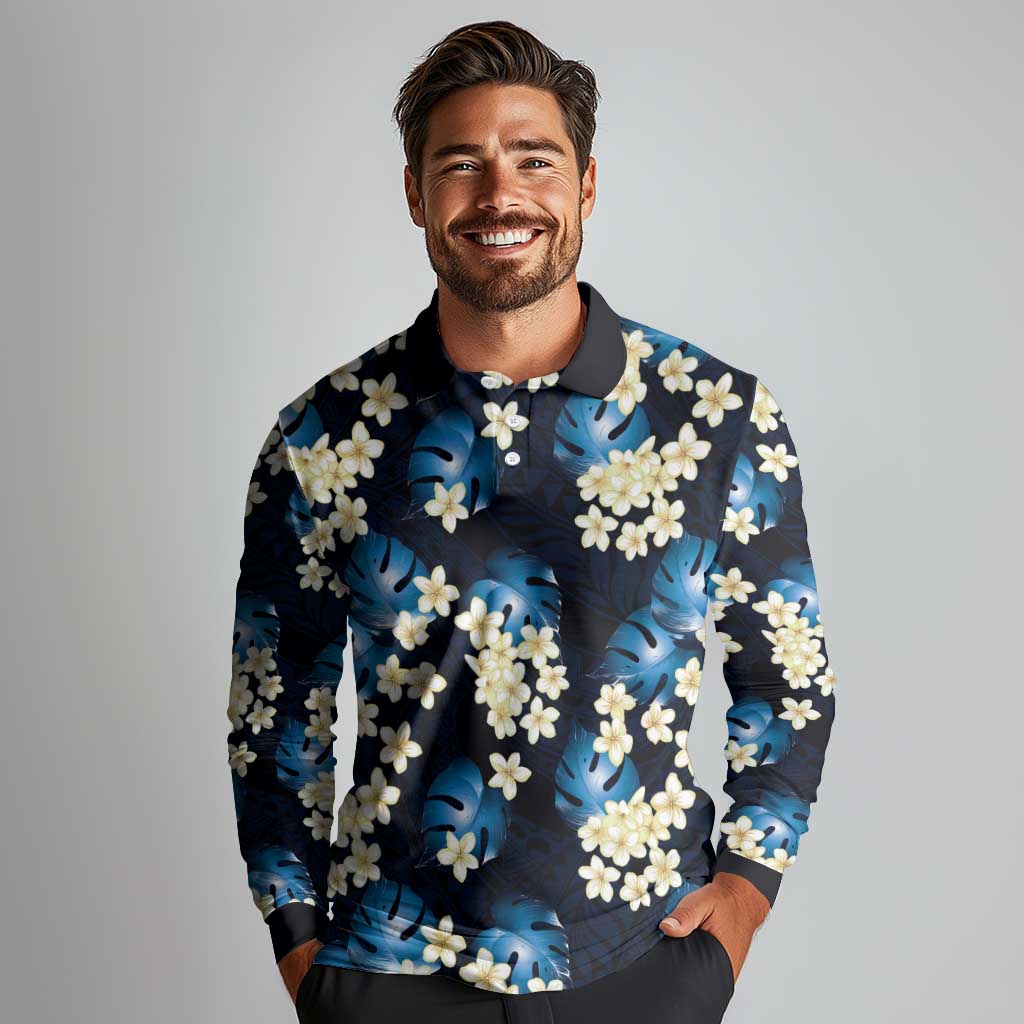 Blue Tropical Hawaii Long Sleeve Polo Shirt Seamless Monstera Plumeria Hawaiian Pattern LT14 - Polynesian Pride