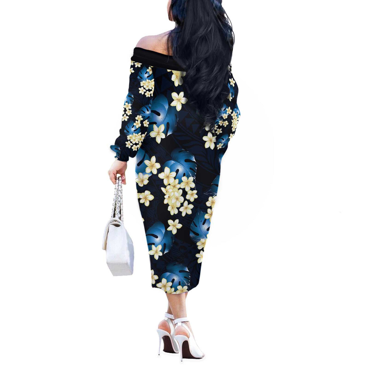 Blue Tropical Hawaii Off The Shoulder Long Sleeve Dress Seamless Monstera Plumeria Hawaiian Pattern - Polynesian Pride