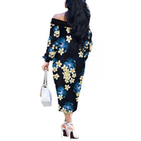 Blue Tropical Hawaii Off The Shoulder Long Sleeve Dress Seamless Monstera Plumeria Hawaiian Pattern - Polynesian Pride