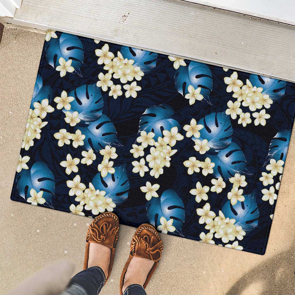 Blue Tropical Hawaii Rubber Doormat Seamless Monstera Plumeria Hawaiian Pattern - Polynesian Pride