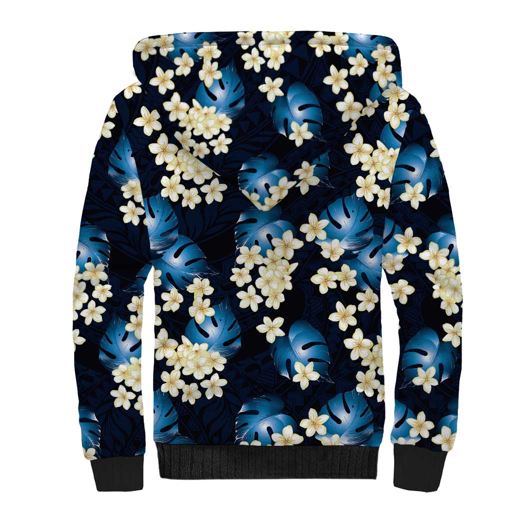Blue Tropical Hawaii Sherpa Hoodie Seamless Monstera Plumeria Hawaiian Pattern - Polynesian Pride