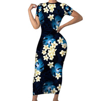 Blue Tropical Hawaii Short Sleeve Bodycon Dress Seamless Monstera Plumeria Hawaiian Pattern - Polynesian Pride