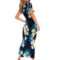 Blue Tropical Hawaii Short Sleeve Bodycon Dress Seamless Monstera Plumeria Hawaiian Pattern - Polynesian Pride