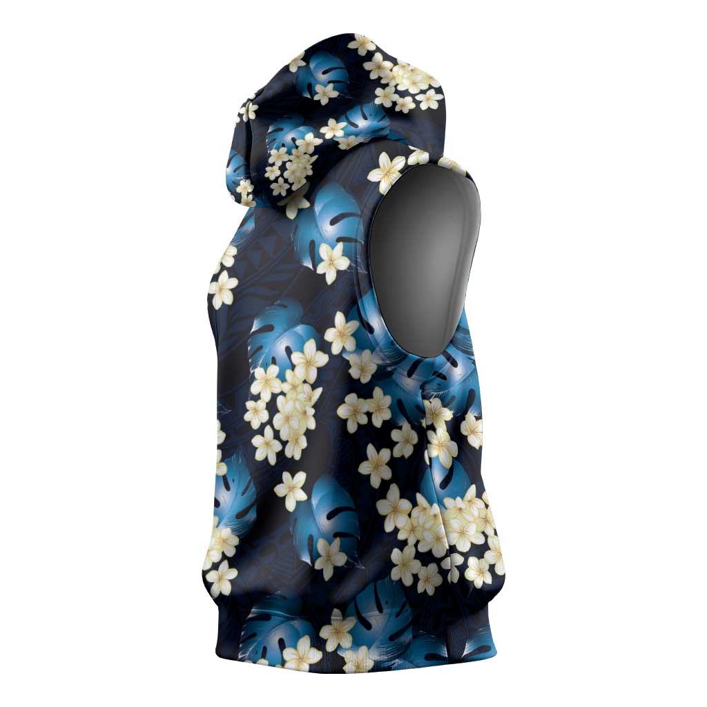 Blue Tropical Hawaii Sleeveless Hoodie Seamless Monstera Plumeria Hawaiian Pattern - Polynesian Pride