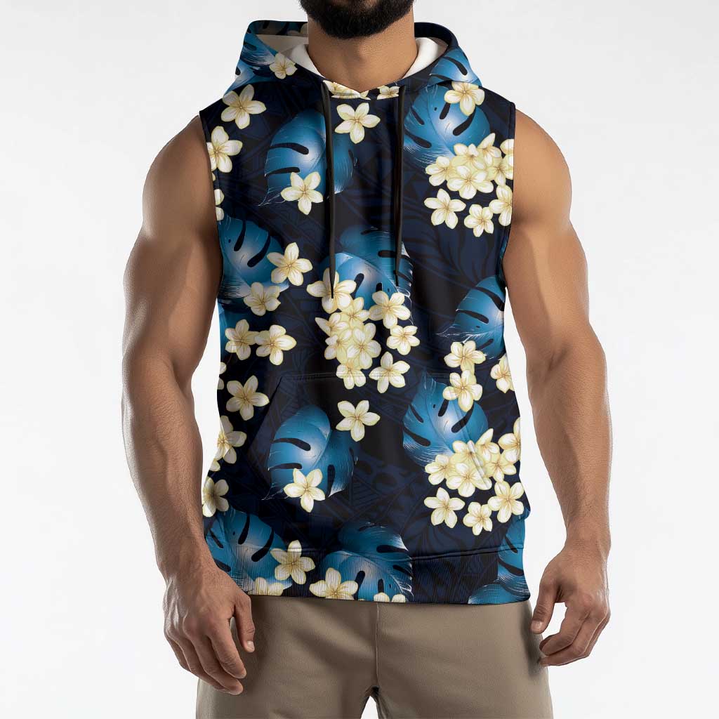 Blue Tropical Hawaii Sleeveless Hoodie Seamless Monstera Plumeria Hawaiian Pattern - Polynesian Pride
