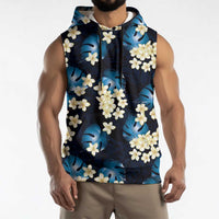 Blue Tropical Hawaii Sleeveless Hoodie Seamless Monstera Plumeria Hawaiian Pattern - Polynesian Pride
