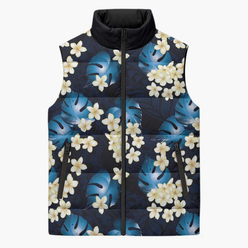 Blue Tropical Hawaii Sleeveless Puffer Jacket Seamless Monstera Plumeria Hawaiian Pattern - Polynesian Pride