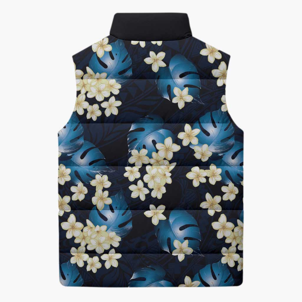 Blue Tropical Hawaii Sleeveless Puffer Jacket Seamless Monstera Plumeria Hawaiian Pattern - Polynesian Pride