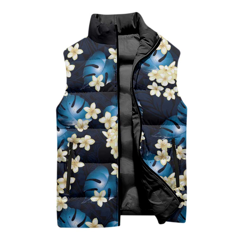 Blue Tropical Hawaii Sleeveless Puffer Jacket Seamless Monstera Plumeria Hawaiian Pattern - Polynesian Pride