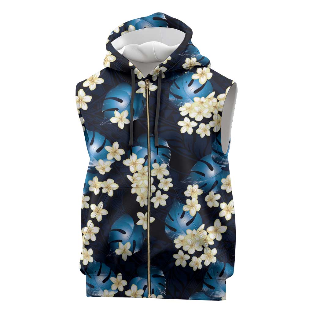 Blue Tropical Hawaii Sleeveless Zip Hoodie Seamless Monstera Plumeria Hawaiian Pattern - Polynesian Pride