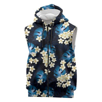 Blue Tropical Hawaii Sleeveless Zip Hoodie Seamless Monstera Plumeria Hawaiian Pattern - Polynesian Pride