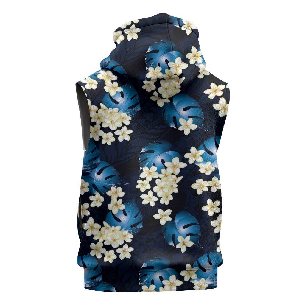 Blue Tropical Hawaii Sleeveless Zip Hoodie Seamless Monstera Plumeria Hawaiian Pattern - Polynesian Pride