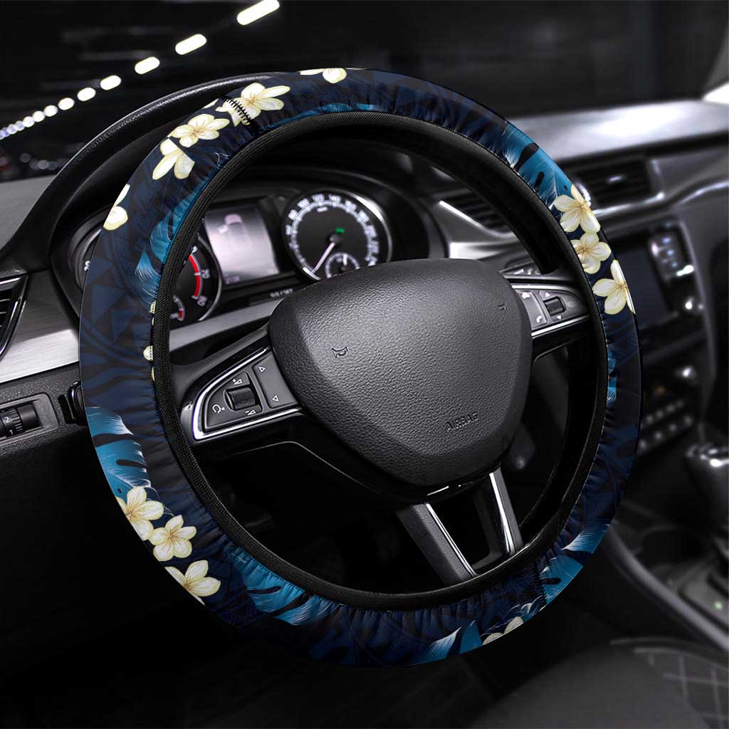 Blue Tropical Hawaii Steering Wheel Cover Seamless Monstera Plumeria Hawaiian Pattern - Polynesian Pride