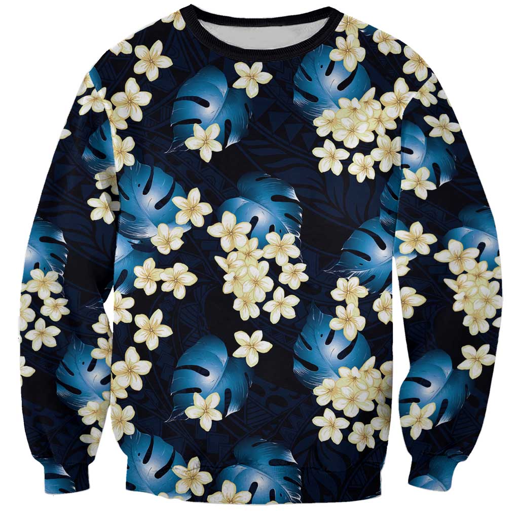 Blue Tropical Hawaii Sweatshirt Seamless Monstera Plumeria Hawaiian Pattern - Polynesian Pride