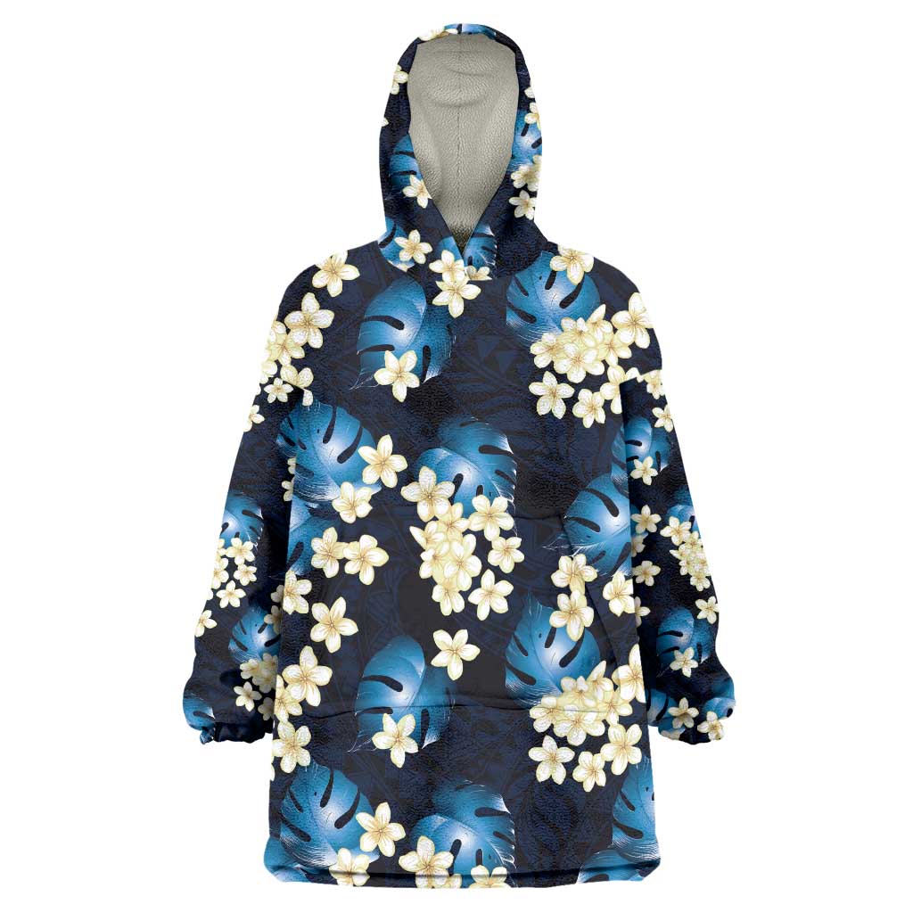 Blue Tropical Hawaii Wearable Blanket Hoodie Seamless Monstera Plumeria Hawaiian Pattern - Polynesian Pride
