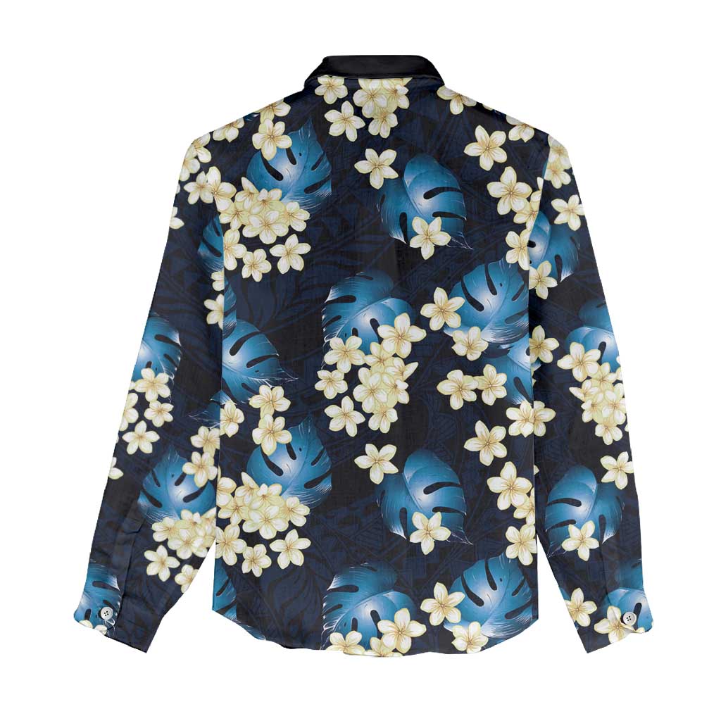 Blue Tropical Hawaii Women Casual Shirt Seamless Monstera Plumeria Hawaiian Pattern - Polynesian Pride