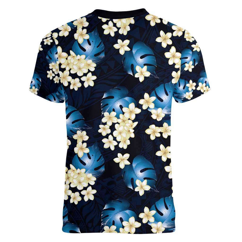 Blue Tropical Hawaii Women V-Neck T-Shirt Seamless Monstera Plumeria Hawaiian Pattern - Polynesian Pride