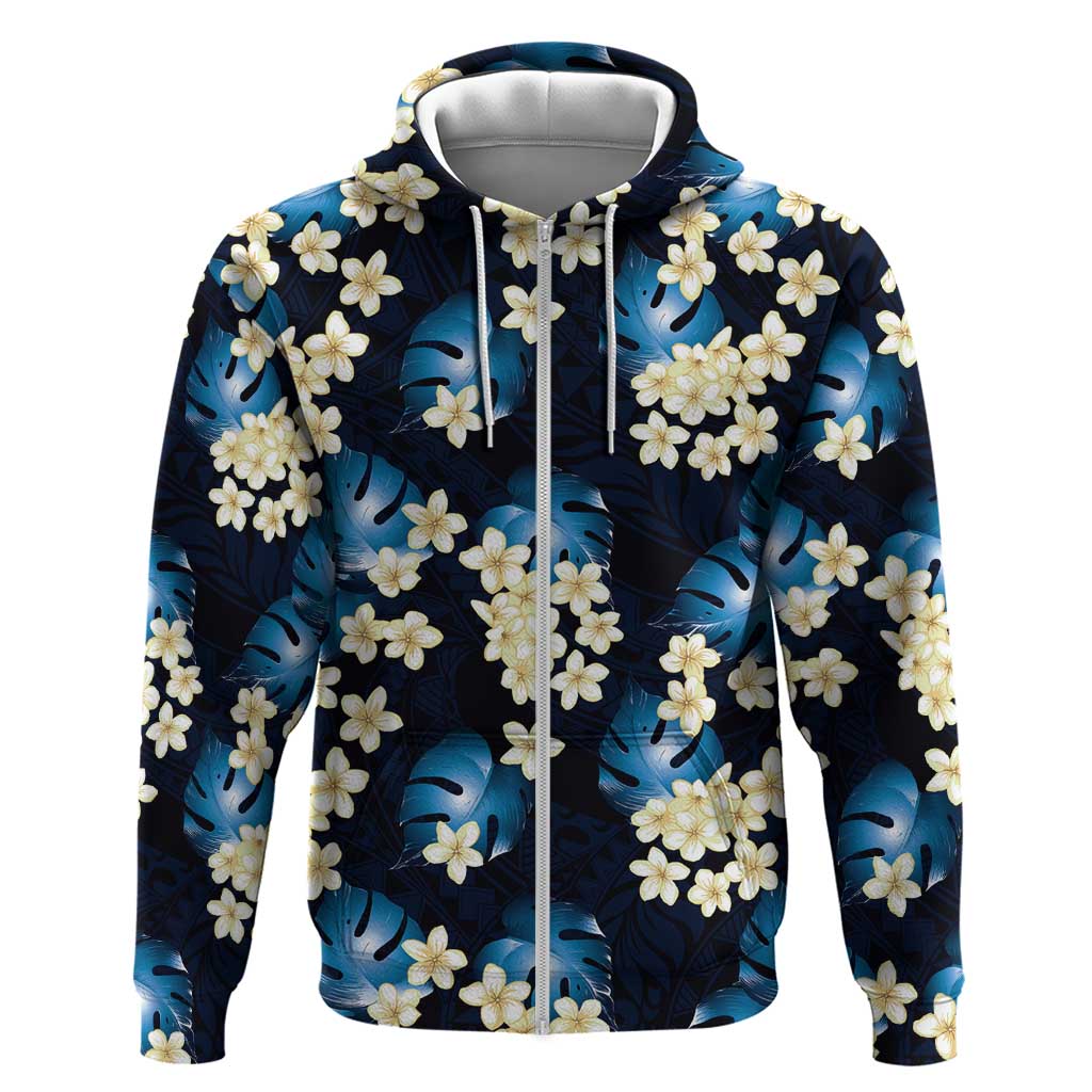 Blue Tropical Hawaii Zip Hoodie Seamless Monstera Plumeria Hawaiian Pattern - Polynesian Pride