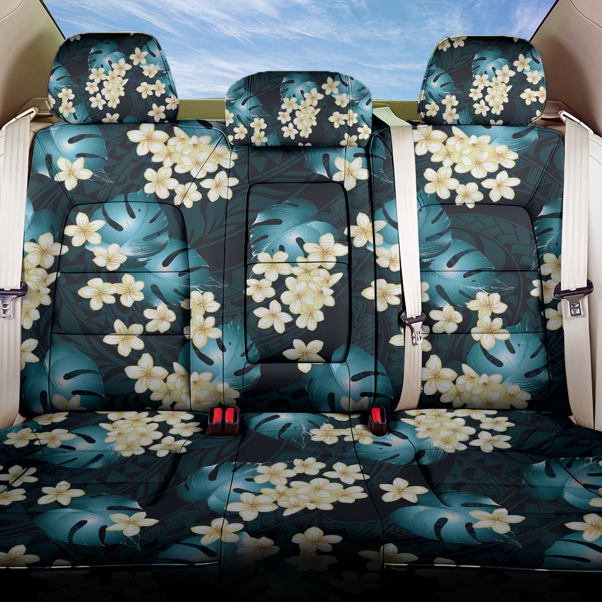 Dark Cyan Tropical Hawaii Back Car Seat Cover Seamless Monstera Plumeria Hawaiian Pattern - Polynesian Pride