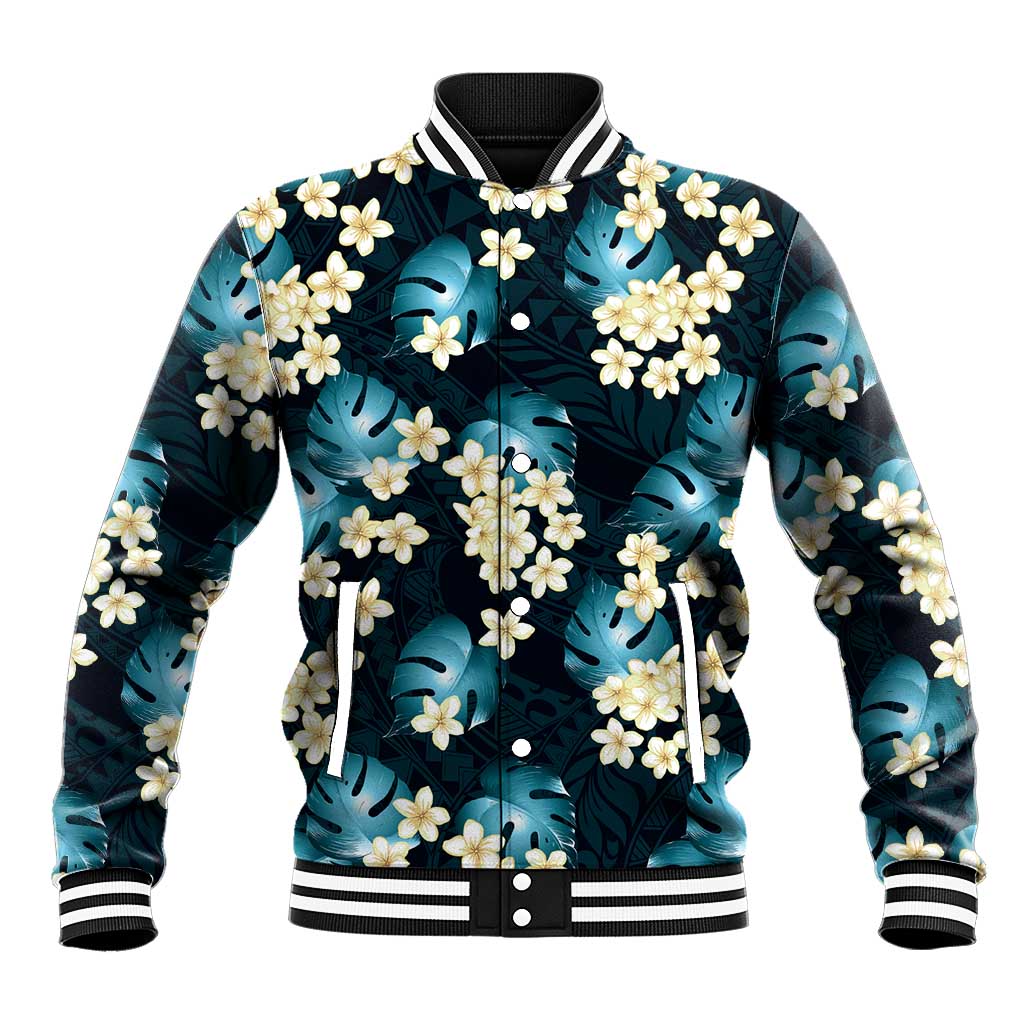 Dark Cyan Tropical Hawaii Baseball Jacket Seamless Monstera Plumeria Hawaiian Pattern - Polynesian Pride