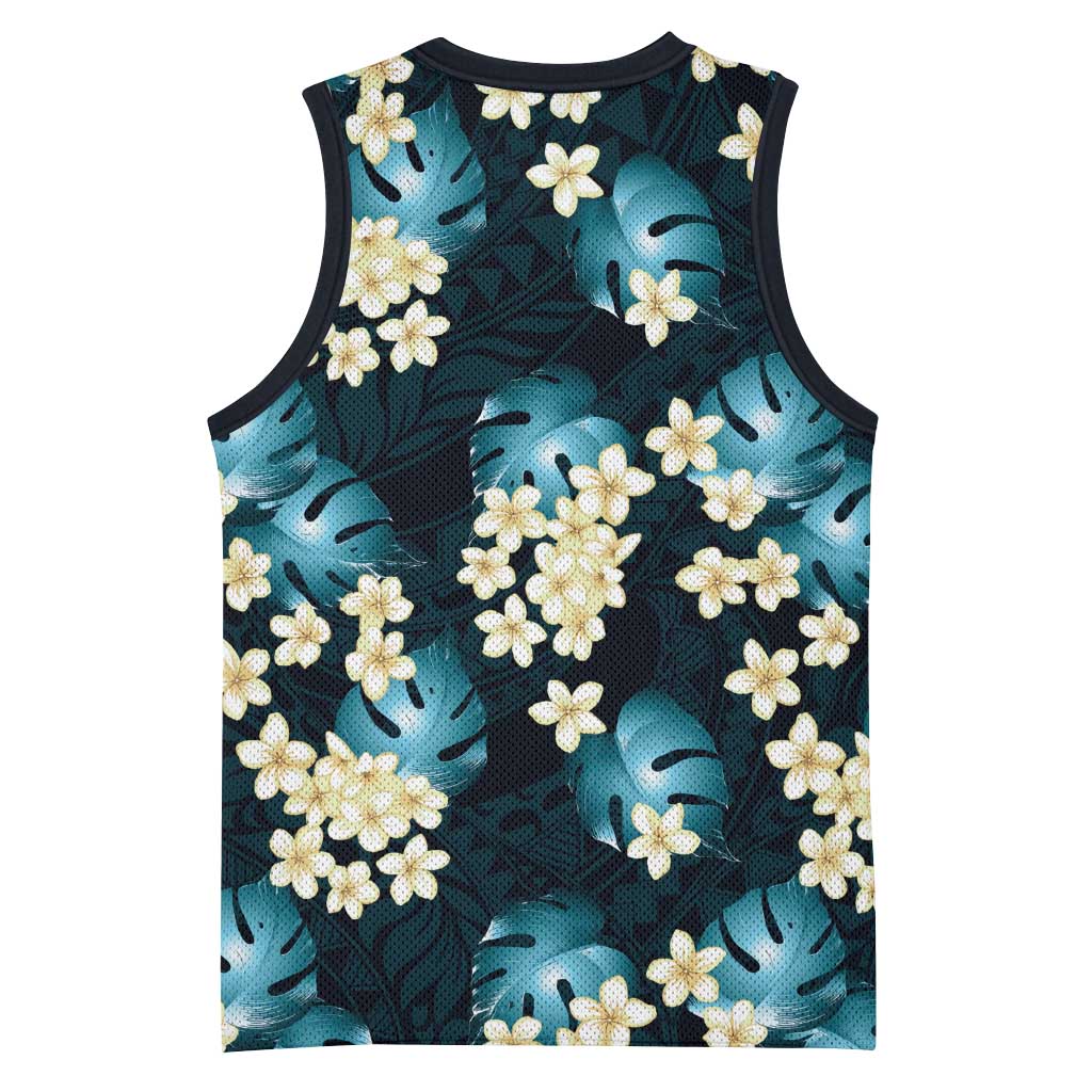 Dark Cyan Tropical Hawaii Basketball Jersey Seamless Monstera Plumeria Hawaiian Pattern - Polynesian Pride