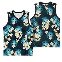 Dark Cyan Tropical Hawaii Basketball Jersey Seamless Monstera Plumeria Hawaiian Pattern - Polynesian Pride