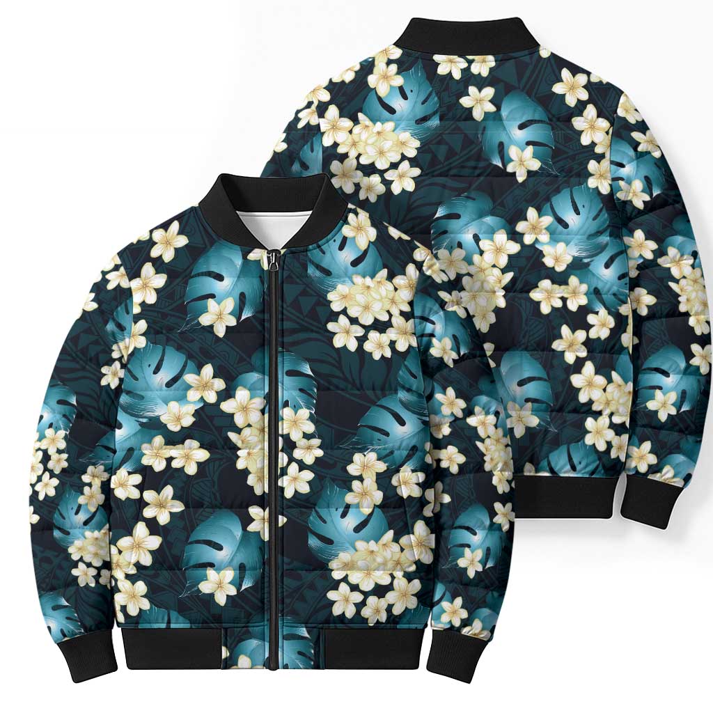 Dark Cyan Tropical Hawaii Bomber Puffer Jacket Seamless Monstera Plumeria Hawaiian Pattern - Polynesian Pride