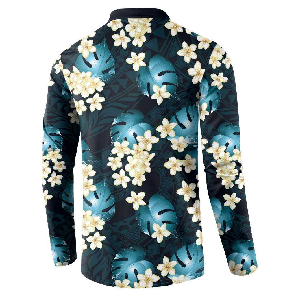 Dark Cyan Tropical Hawaii Button Sweatshirt Seamless Monstera Plumeria Hawaiian Pattern - Polynesian Pride