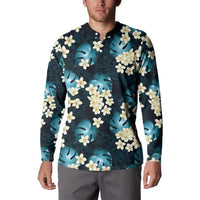 Dark Cyan Tropical Hawaii Button Sweatshirt Seamless Monstera Plumeria Hawaiian Pattern - Polynesian Pride