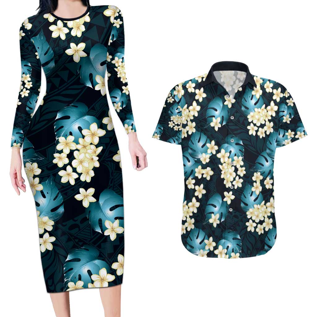 Dark Cyan Tropical Hawaii Couples Matching Long Sleeve Bodycon Dress and Hawaiian Shirt Seamless Monstera Plumeria Hawaiian Pattern LT14 Dark Cyan - Polynesian Pride