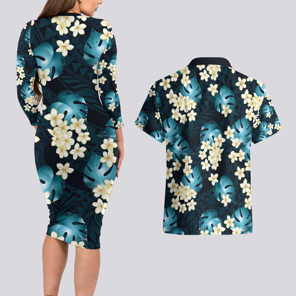 Dark Cyan Tropical Hawaii Couples Matching Long Sleeve Bodycon Dress and Hawaiian Shirt Seamless Monstera Plumeria Hawaiian Pattern - Polynesian Pride