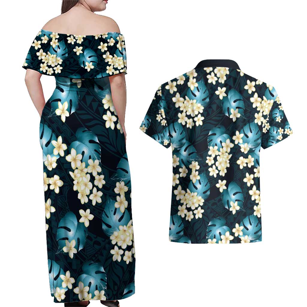 Dark Cyan Tropical Hawaii Couples Matching Off Shoulder Maxi Dress and Hawaiian Shirt Seamless Monstera Plumeria Hawaiian Pattern - Polynesian Pride