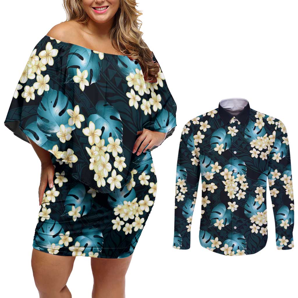 Dark Cyan Tropical Hawaii Couples Matching Off Shoulder Short Dress and Long Sleeve Button Shirt Seamless Monstera Plumeria Hawaiian Pattern - Polynesian Pride
