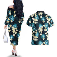 Dark Cyan Tropical Hawaii Couples Matching Off The Shoulder Long Sleeve Dress and Hawaiian Shirt Seamless Monstera Plumeria Hawaiian Pattern LT14 - Polynesian Pride