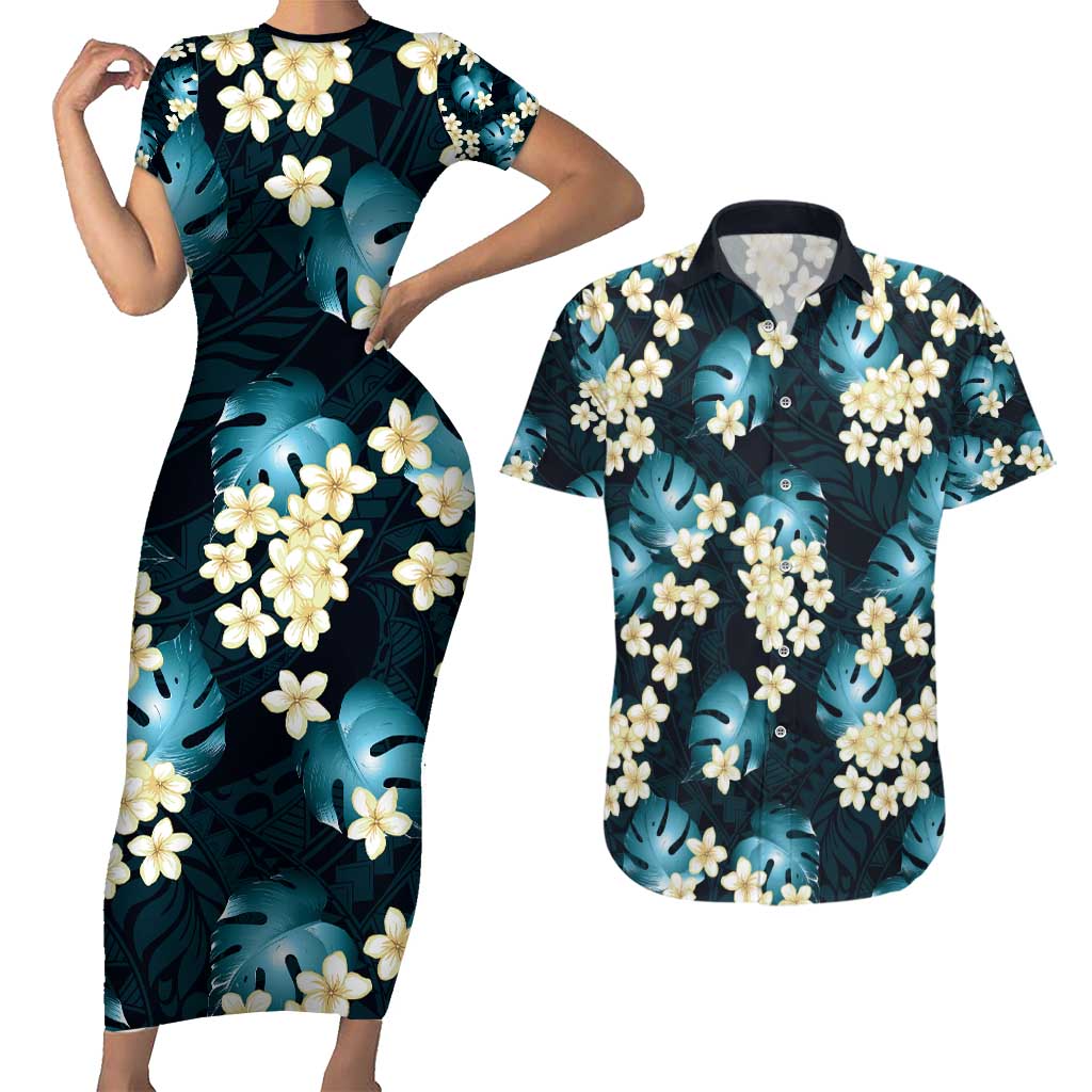 Dark Cyan Tropical Hawaii Couples Matching Short Sleeve Bodycon Dress and Hawaiian Shirt Seamless Monstera Plumeria Hawaiian Pattern - Polynesian Pride