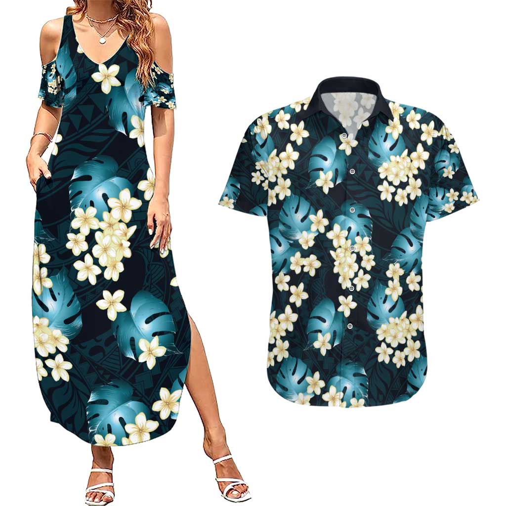 Dark Cyan Tropical Hawaii Couples Matching Summer Maxi Dress and Hawaiian Shirt Seamless Monstera Plumeria Hawaiian Pattern LT14 Dark Cyan - Polynesian Pride
