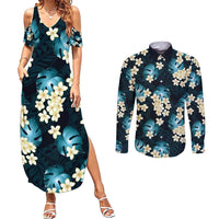 Dark Cyan Tropical Hawaii Couples Matching Summer Maxi Dress and Long Sleeve Button Shirt Seamless Monstera Plumeria Hawaiian Pattern - Polynesian Pride