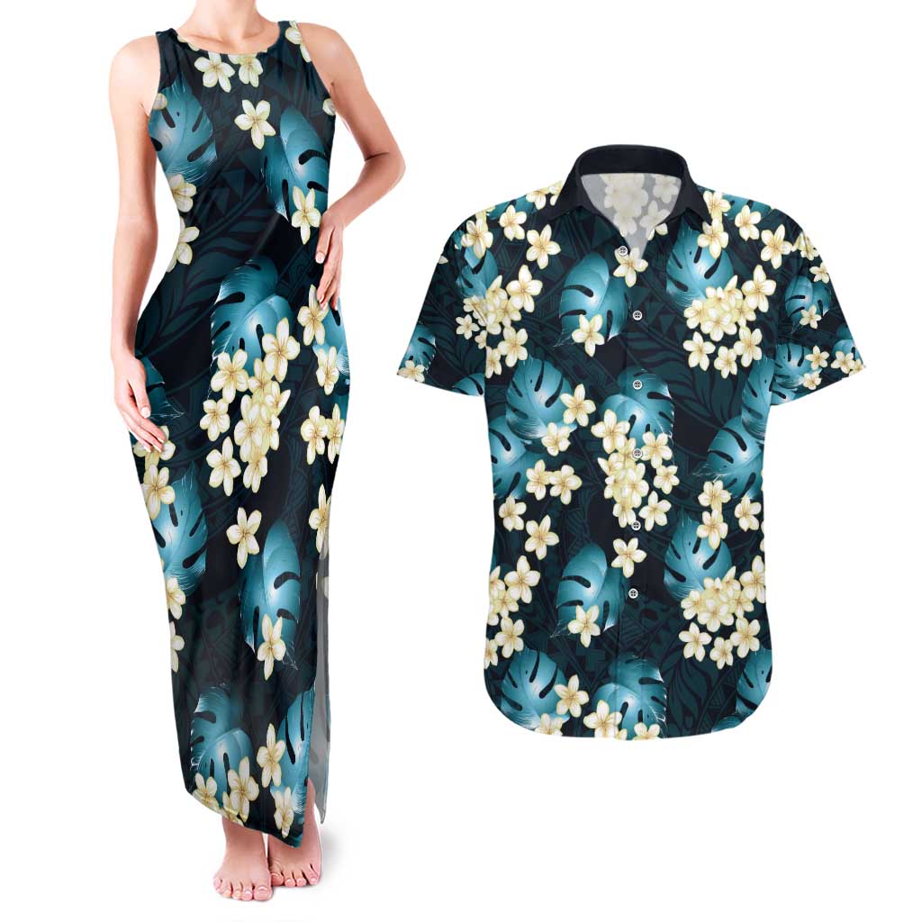 Dark Cyan Tropical Hawaii Couples Matching Tank Maxi Dress and Hawaiian Shirt Seamless Monstera Plumeria Hawaiian Pattern - Polynesian Pride