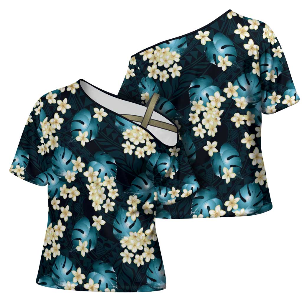 Dark Cyan Tropical Hawaii Cross Shoulder Shirt Seamless Monstera Plumeria Hawaiian Pattern - Polynesian Pride