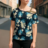 Dark Cyan Tropical Hawaii Cross Shoulder Shirt Seamless Monstera Plumeria Hawaiian Pattern - Polynesian Pride