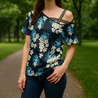 Dark Cyan Tropical Hawaii Cross Shoulder Shirt Seamless Monstera Plumeria Hawaiian Pattern - Polynesian Pride