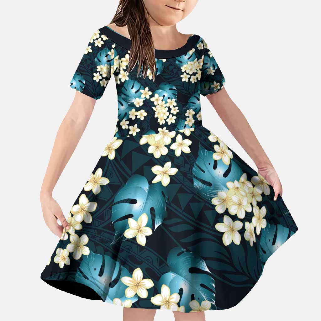 Dark Cyan Tropical Hawaii Family Matching Long Sleeve Bodycon Dress and Hawaiian Shirt Seamless Monstera Plumeria Hawaiian Pattern LT14 Daughter's Dress Dark Cyan - Polynesian Pride
