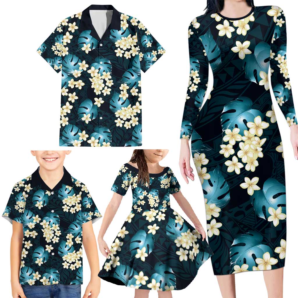 Dark Cyan Tropical Hawaii Family Matching Long Sleeve Bodycon Dress and Hawaiian Shirt Seamless Monstera Plumeria Hawaiian Pattern LT14 - Polynesian Pride