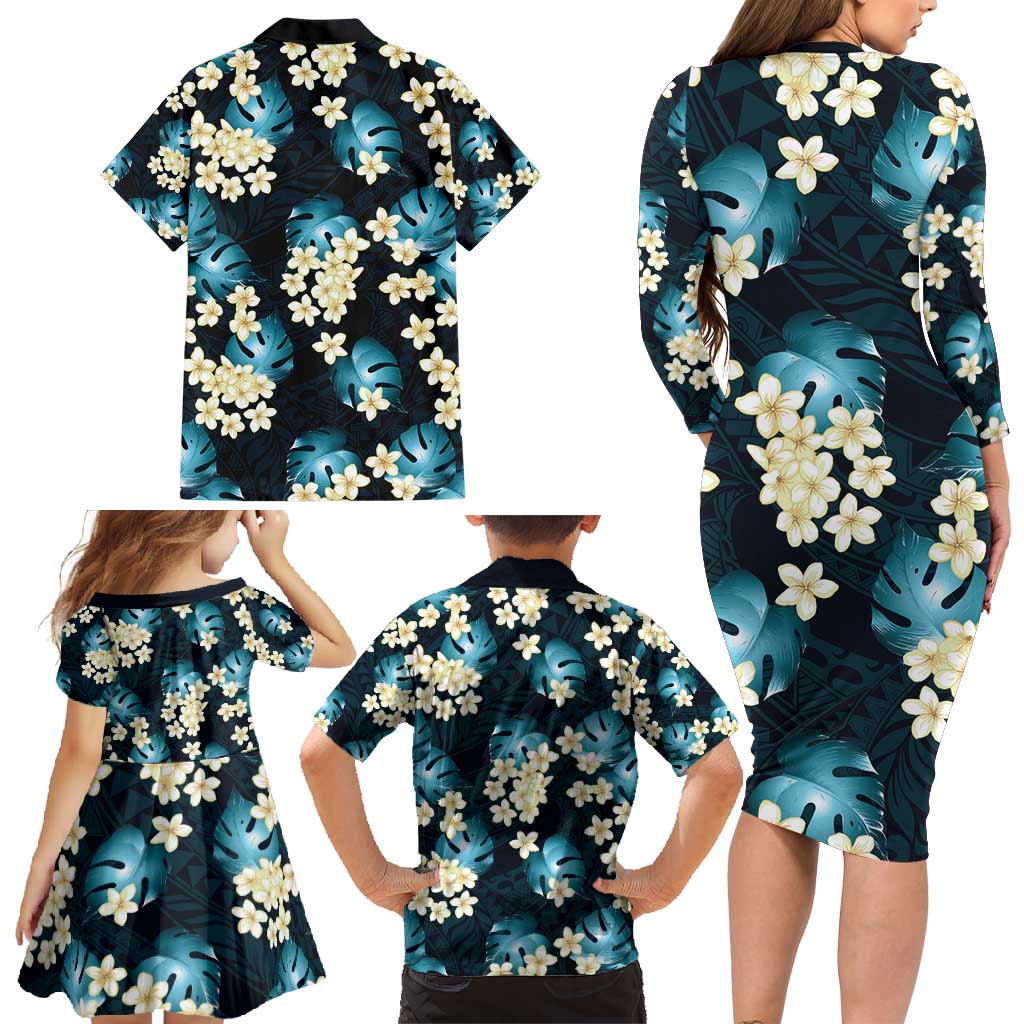 Dark Cyan Tropical Hawaii Family Matching Long Sleeve Bodycon Dress and Hawaiian Shirt Seamless Monstera Plumeria Hawaiian Pattern LT14 - Polynesian Pride