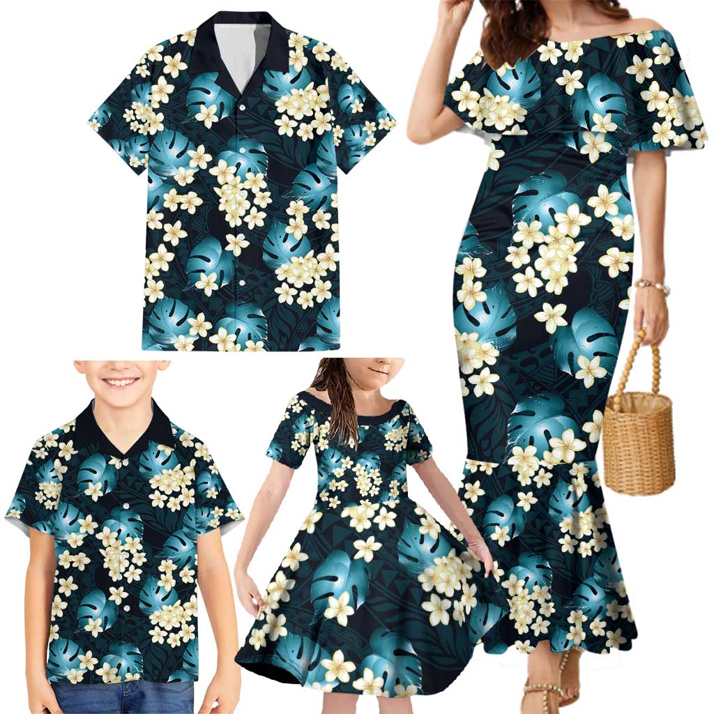 Dark Cyan Tropical Hawaii Family Matching Mermaid Dress and Hawaiian Shirt Seamless Monstera Plumeria Hawaiian Pattern - Polynesian Pride