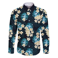 Dark Cyan Tropical Hawaii Family Matching Mermaid Dress and Hawaiian Shirt Seamless Monstera Plumeria Hawaiian Pattern LT14 Dad's Shirt - Long Sleeve Dark Cyan - Polynesian Pride