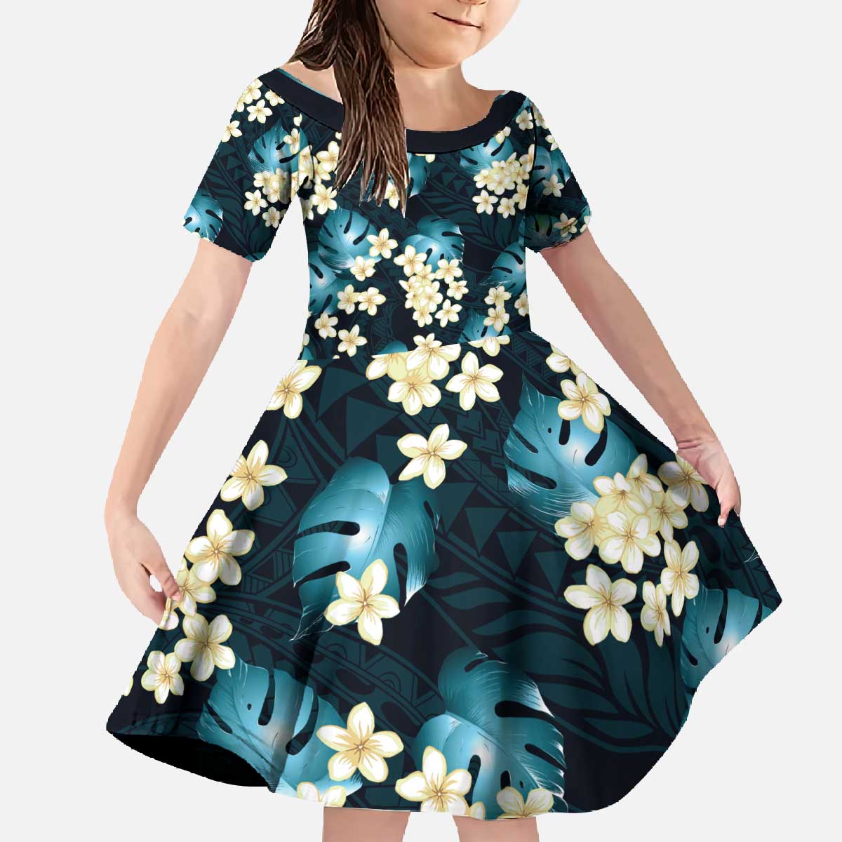 Dark Cyan Tropical Hawaii Family Matching Off The Shoulder Long Sleeve Dress and Hawaiian Shirt Seamless Monstera Plumeria Hawaiian Pattern LT14 Daughter's Dress Dark Cyan - Polynesian Pride