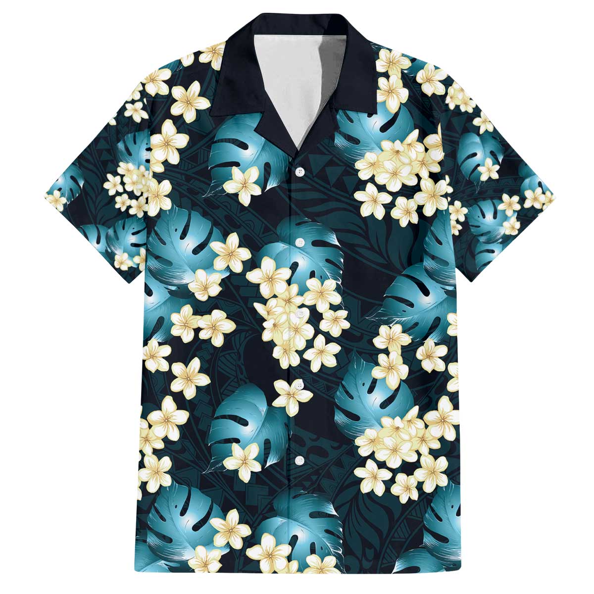 Dark Cyan Tropical Hawaii Family Matching Off The Shoulder Long Sleeve Dress and Hawaiian Shirt Seamless Monstera Plumeria Hawaiian Pattern LT14 Dad's Shirt - Short Sleeve Dark Cyan - Polynesian Pride