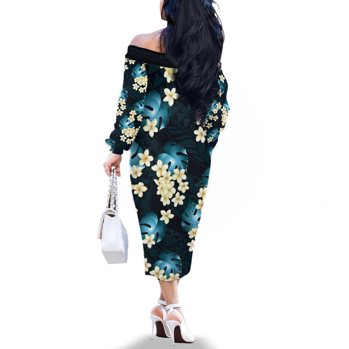 Dark Cyan Tropical Hawaii Family Matching Off The Shoulder Long Sleeve Dress and Hawaiian Shirt Seamless Monstera Plumeria Hawaiian Pattern LT14 - Polynesian Pride