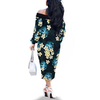 Dark Cyan Tropical Hawaii Family Matching Off The Shoulder Long Sleeve Dress and Hawaiian Shirt Seamless Monstera Plumeria Hawaiian Pattern LT14 - Polynesian Pride